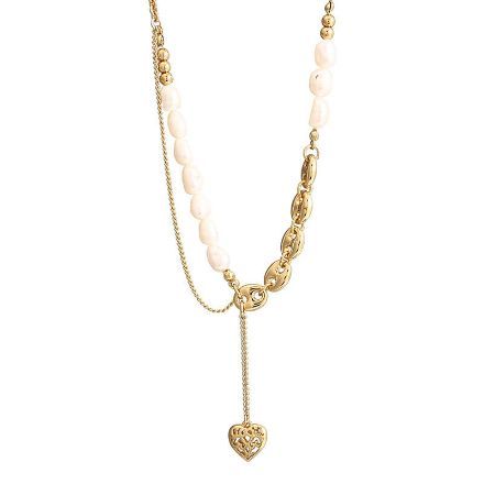 Bortwide Heart-Shaped Pendant Baroque Pearl Copper Necklace