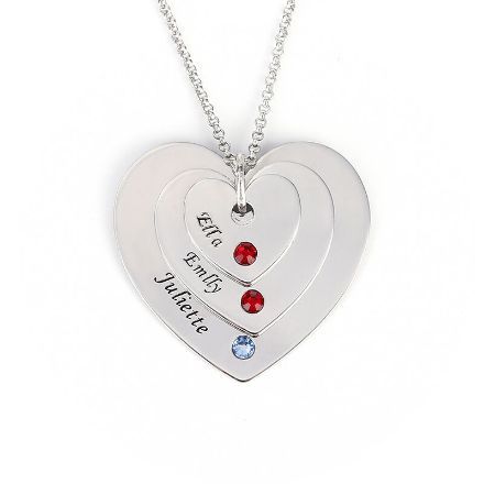 Bortwide Engraved Three Heart Necklace With Birthstones Sterling Silver