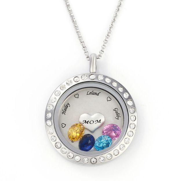 Bortwide Engraved Floating Locket Necklace With Charms And Birthstones Stainless Steel