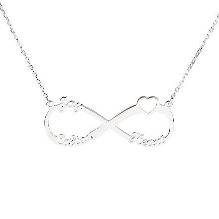 Bortwide Heart Shape Three Name Infinity Necklace Sterling Silver