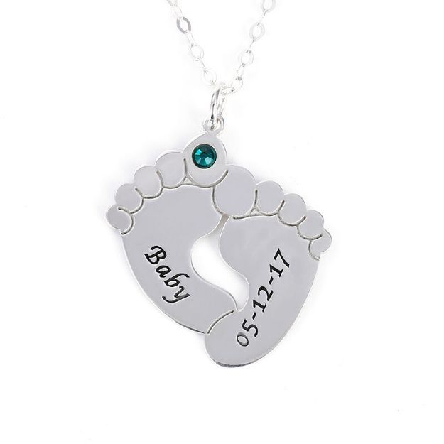 Bortwide Engraved Baby Feet Family Necklace with Birthstone Sterling Silver