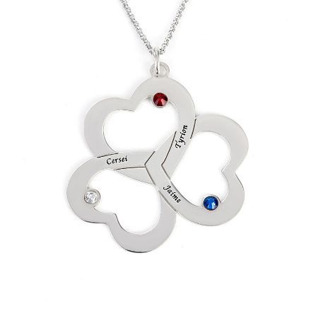 Bortwide Triple Heart Engraved Family With Birthstones Necklace Sterling Silver