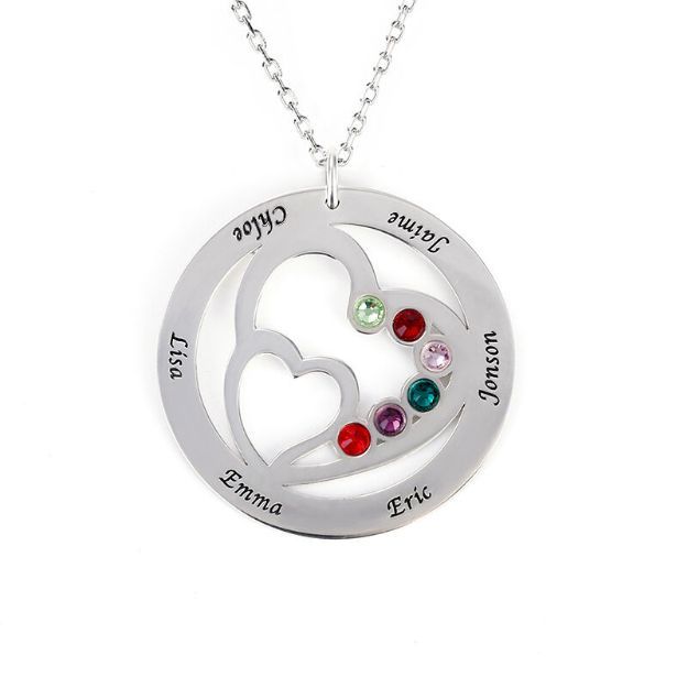 Bortwide Heart in Heart Family Necklace with Birthstones Sterling Silver