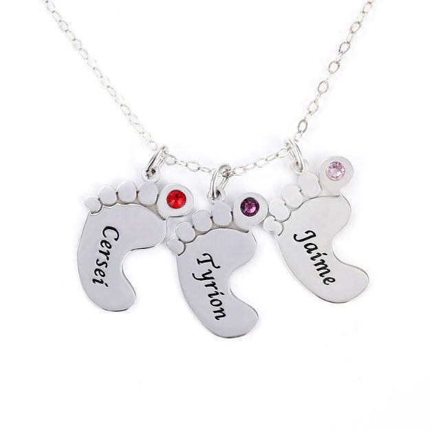 Bortwide Engraved Baby Feet Family Necklace with Birthstones Sterling Silver