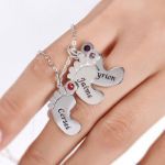 Bortwide Engraved Baby Feet Family Necklace with Birthstones Sterling Silver