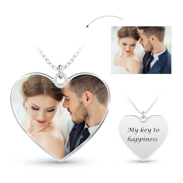 Bortwide Heart Engraved Personalized Sterling Silver Photo Necklace