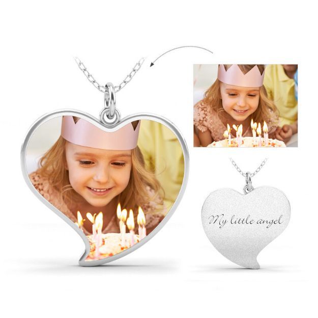 Bortwide Unique Heart Engraved Personalized Sterling Silver Photo Necklace