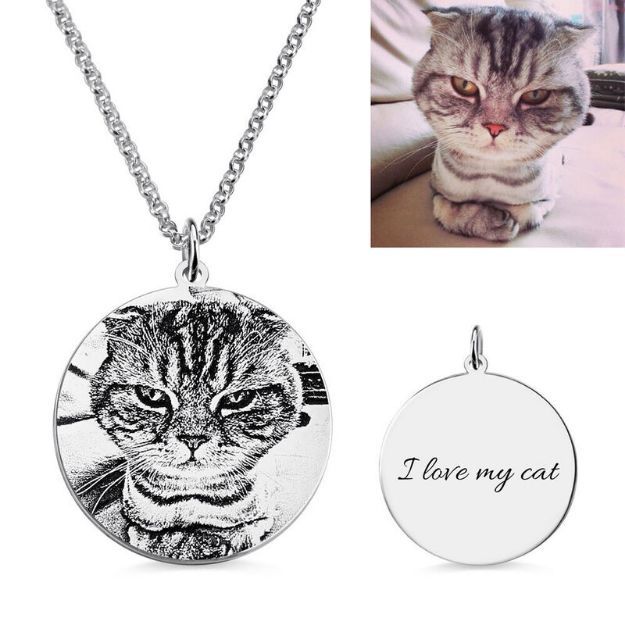 Bortwide Personalized Cat Pet Photo Engraved Necklace Sterling Silver