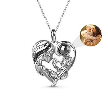 Bortwide "Warmest Protection" Mom & Baby Heart Personalized Photo Projection Sterling Silver Necklace