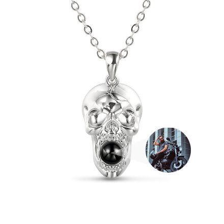 Bortwide Skull Design Personalized Photo Projection Sterling Silver Necklace