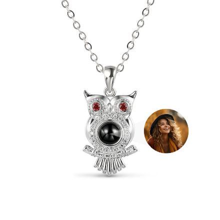 Bortwide Owl Design Personalized Photo Projection Sterling Silver Necklace