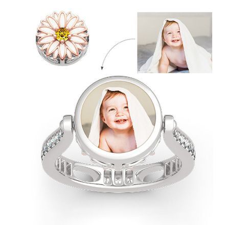 Bortwide "Blooming Daisy" Sterling Silver Personalized Photo Ring (With A Free Chain)