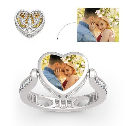 Bortwide "Keep Me In Your Heart" Tulip Sterling Silver Personalized Photo Ring (With A Free Chain)