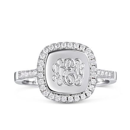 Bortwide Halo Square Monogram Personalized Sterling Silver Ring