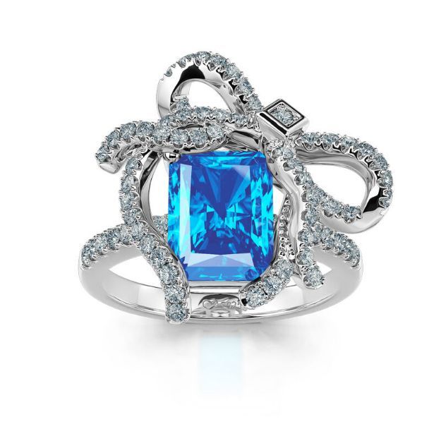 Bortwide "Blue Treasure" Butterfly Knot Radiant Cut Sterling Silver Ring