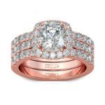 Bortwide 3PC Rose Gold Tone Halo Cushion Cut Sterling Silver Ring Set