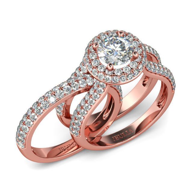 Bortwide Rose Gold Tone Halo Round Cut Sterling Silver Ring Set