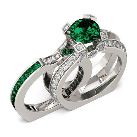 Bortwide Interchangeable Round Cut Created Emerald Ring Set