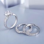 Bortwide Classic Three Stone Round Cut Sterling Silver Ring Set