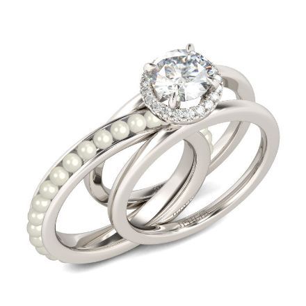 Bortwide Halo Round Cut With Faux Pearl Sterling Silver Ring Set