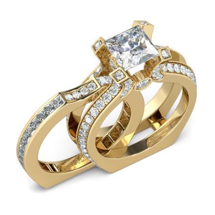 Bortwide Interchangeable Gold Tone Princess Cut Sterling Silver Ring Set