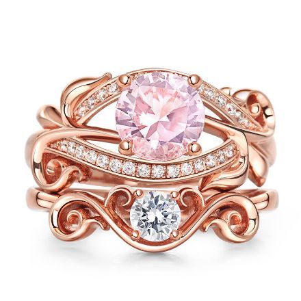 Bortwide "Art Deco" Round Cut Synthetic Morganite Sterling Silver Ring Set
