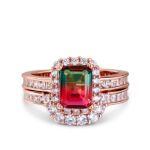 Bortwide Halo Emerald Cut Sterling Silver Watermelon Ring Set