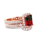 Bortwide Halo Emerald Cut Sterling Silver Watermelon Ring Set