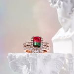 Bortwide Halo Emerald Cut Sterling Silver Watermelon Ring Set