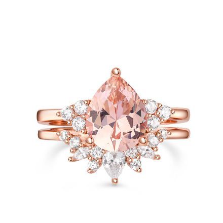 Bortwide Cluster Pear Cut Synthetic Morganite Sterling Silver Ring Set