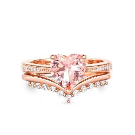 Bortwide "Ethereal Elegance" Heart Cut Synthetic Morganite Sterling Silver Ring Set