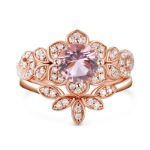 Bortwide Flower Round Cut Synthetic Morganite Sterling Silver Ring Set