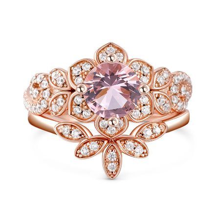 Bortwide Flower Round Cut Synthetic Morganite Sterling Silver Ring Set