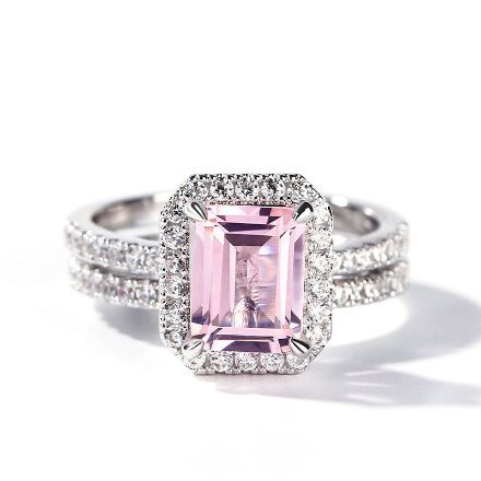 Bortwide Halo Emerald Cut Synthetic Morganite Sterling Silver Ring Set