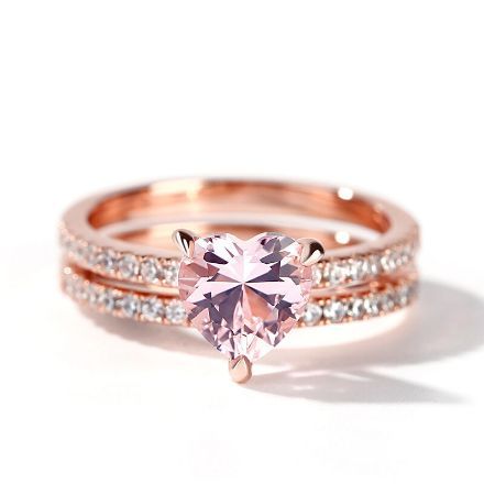 Bortwide Pink Heart Cut Synthetic Morganite Sterling Silver Ring Set