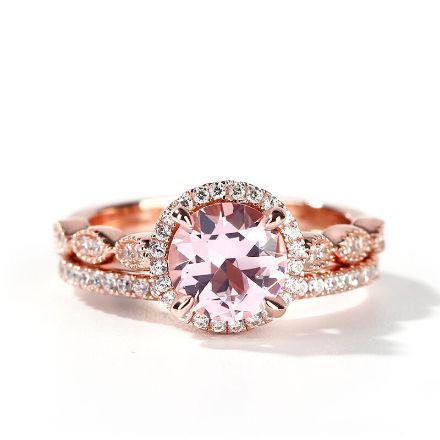 Bortwide Halo Milgrain Round Cut Synthetic Morganite Sterling Silver Ring Set