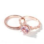 Bortwide Halo Milgrain Round Cut Synthetic Morganite Sterling Silver Ring Set