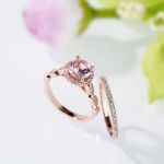 Bortwide Halo Milgrain Round Cut Synthetic Morganite Sterling Silver Ring Set