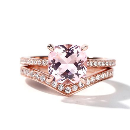 Bortwide Cushion Cut Synthetic Morganite Sterling Silver Ring Set