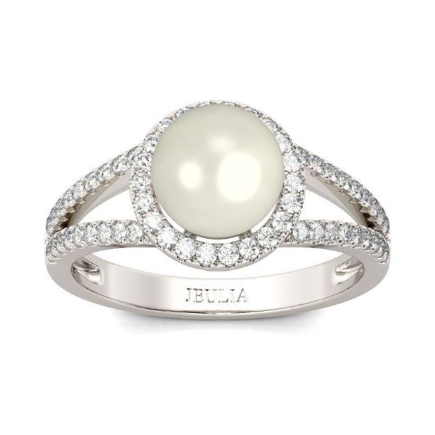 Bortwide Halo Split Shank Faux Pearl Sterling Silver Ring