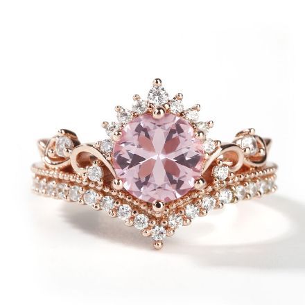 Bortwide Crown Design Round Cut Synthetic Morganite Sterling Silver Ring