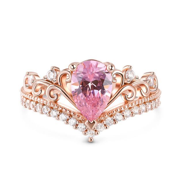 Bortwide Crown Pear Cut Synthetic Morganite Sterling Silver Ring