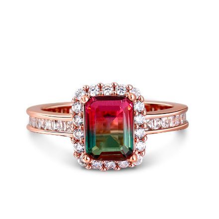 Bortwide Halo Emerald Cut Sterling Silver Watermelon Ring