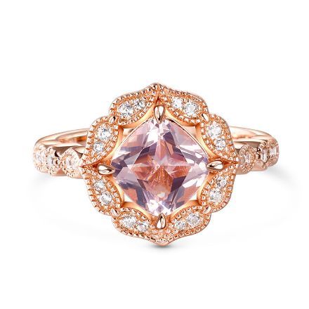 Bortwide Vintage Floral Cushion Cut Synthetic Morganite Sterling Silver Ring