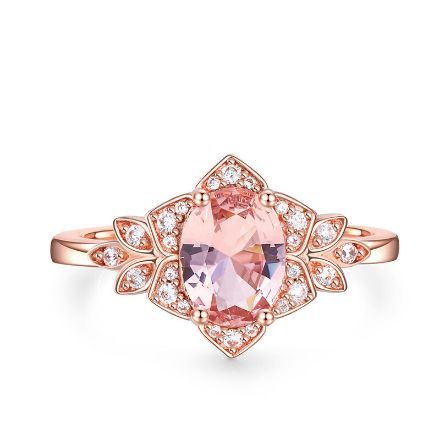 Bortwide Floral Halo Oval Cut Synthetic Morganite Sterling Silver Ring