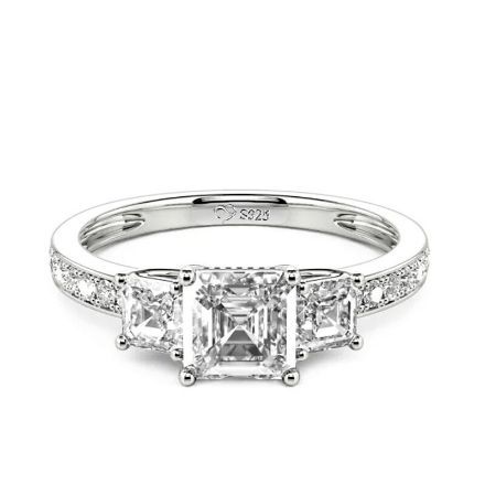 Bortwide Asscher Cut Three Stone Sterling Silver Engagement Ring