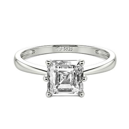 Bortwide Asscher Cut Solitaire Sterling Silver Engagement Ring