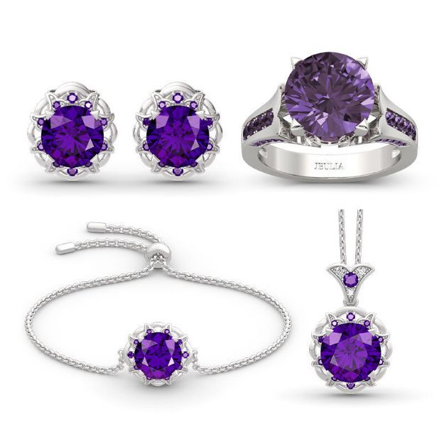 Bortwide Amethyst Flower Round Cut Sterling Silver Jewelry Set