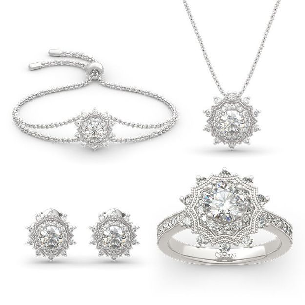 Bortwide "Winter Love" Snowflake Round Cut Sterling Silver Jewelry Set