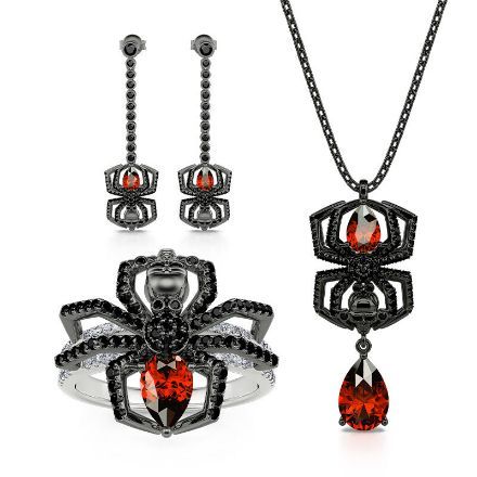 Bortwide "Spider Skull Biker" Pear Cut Sterling Silver Jewelry Set